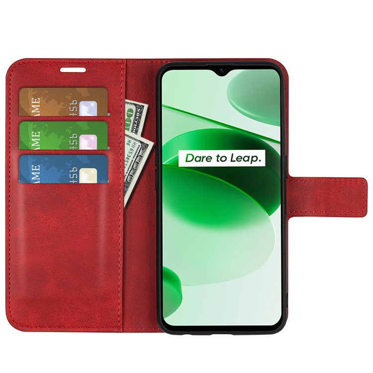 For Realme C35 Magnetic Folio Phone Cover Full Protection Textured PU Leather Wallet Stand Case - Red