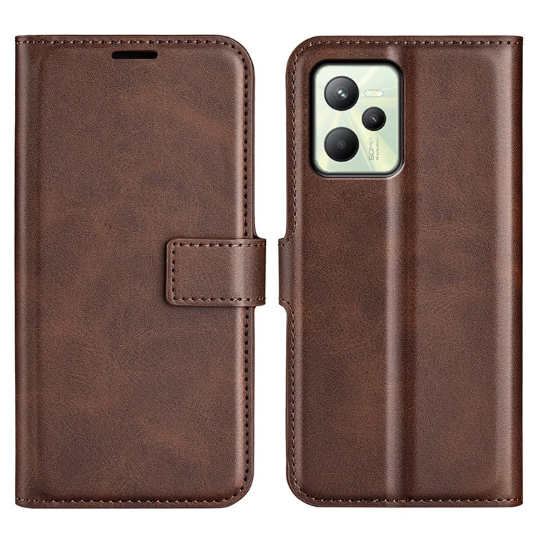 For Realme C35 Magnetic Folio Phone Cover Full Protection Textured PU Leather Wallet Stand Case - Dark Brown