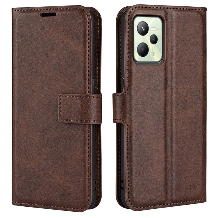 For Realme C35 Magnetic Folio Phone Cover Full Protection Textured PU Leather Wallet Stand Case - Dark Brown