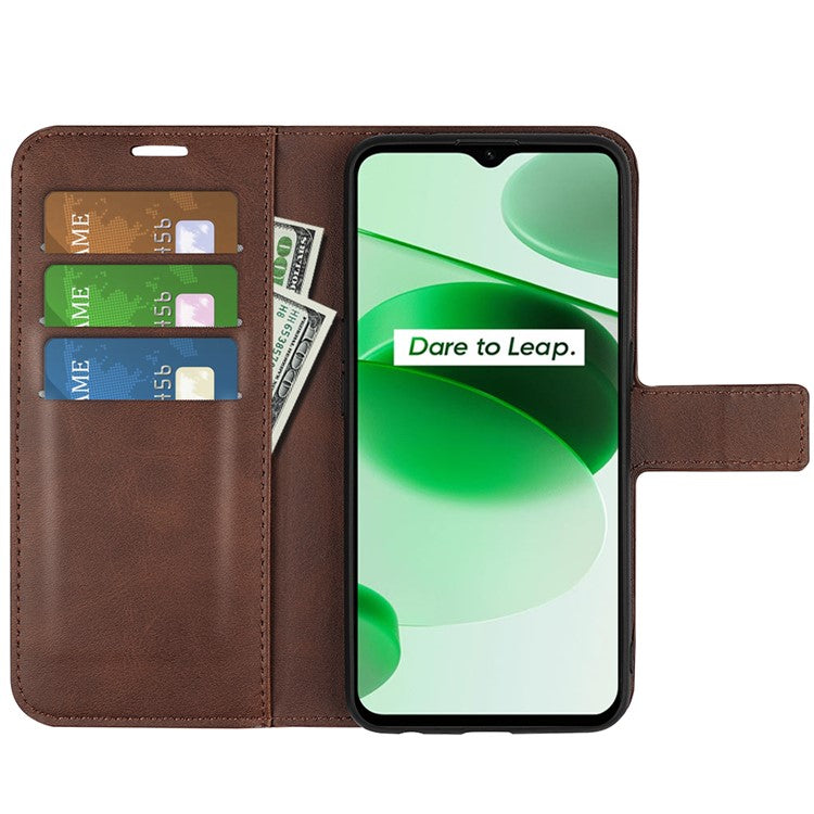 For Realme C35 Magnetic Folio Phone Cover Full Protection Textured PU Leather Wallet Stand Case - Dark Brown