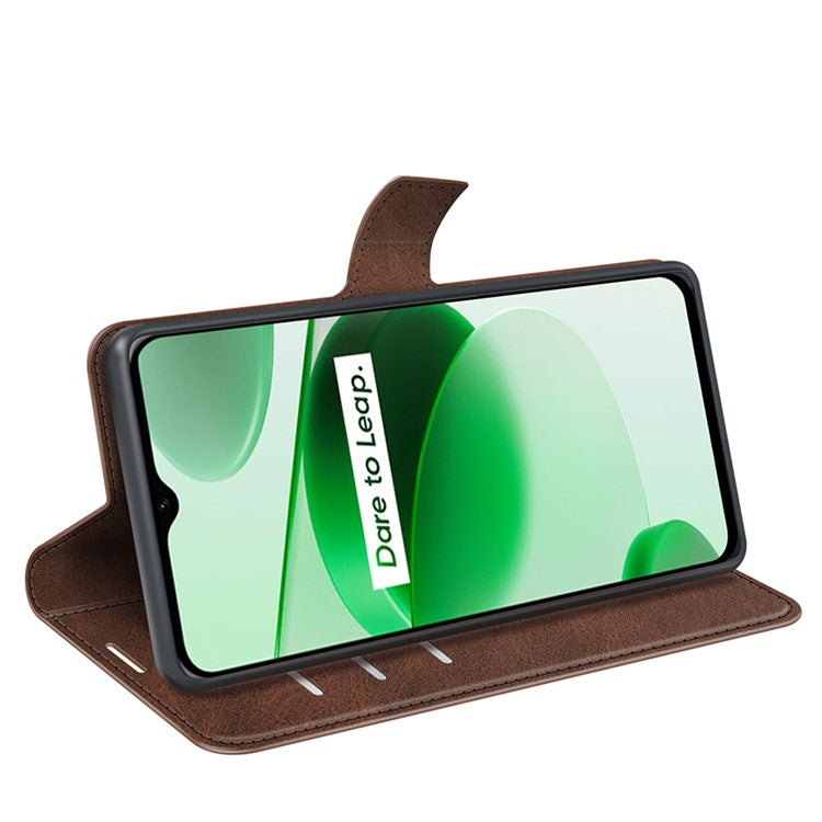 For Realme C35 Magnetic Folio Phone Cover Full Protection Textured PU Leather Wallet Stand Case - Dark Brown