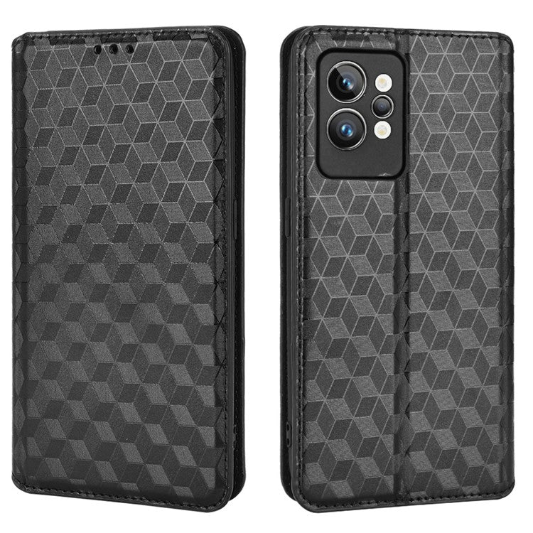 For Realme GT2 Pro Flip Phone Cover Wallet Imprinted Rhombus Pattern Phone Stand Anti-scratch PU Leather Protective Phone Case - Black