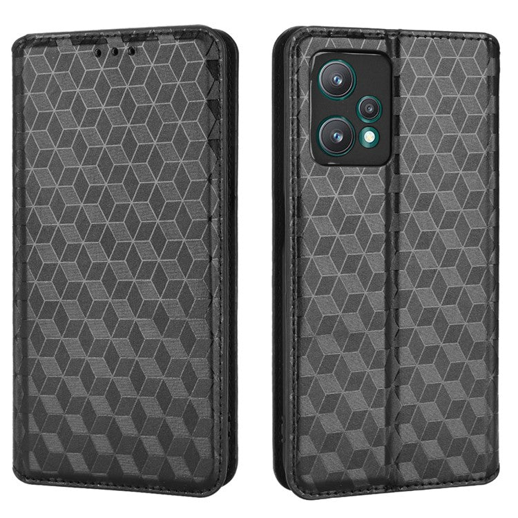 For Realme 9 Pro 5G / 9 5G / V25 Flip Wallet Imprinted Rhombus Pattern Phone Case Stand Soft TPU Inner PU Leather Protective Phone Cover - Black