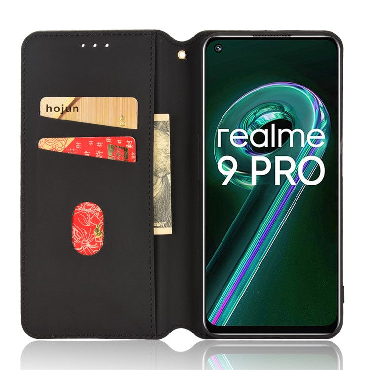 For Realme 9 Pro 5G / 9 5G / V25 Flip Wallet Imprinted Rhombus Pattern Phone Case Stand Soft TPU Inner PU Leather Protective Phone Cover - Black