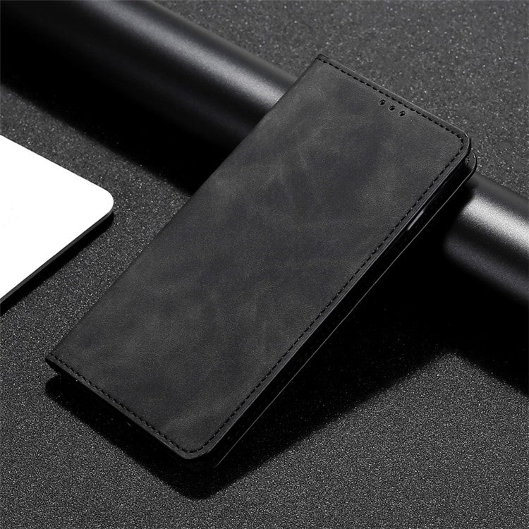 Skin-touch Leather Case for Oppo Find X5 Pro, Card Holder Stand Auto Closing Magnetic Phone Cover - Black