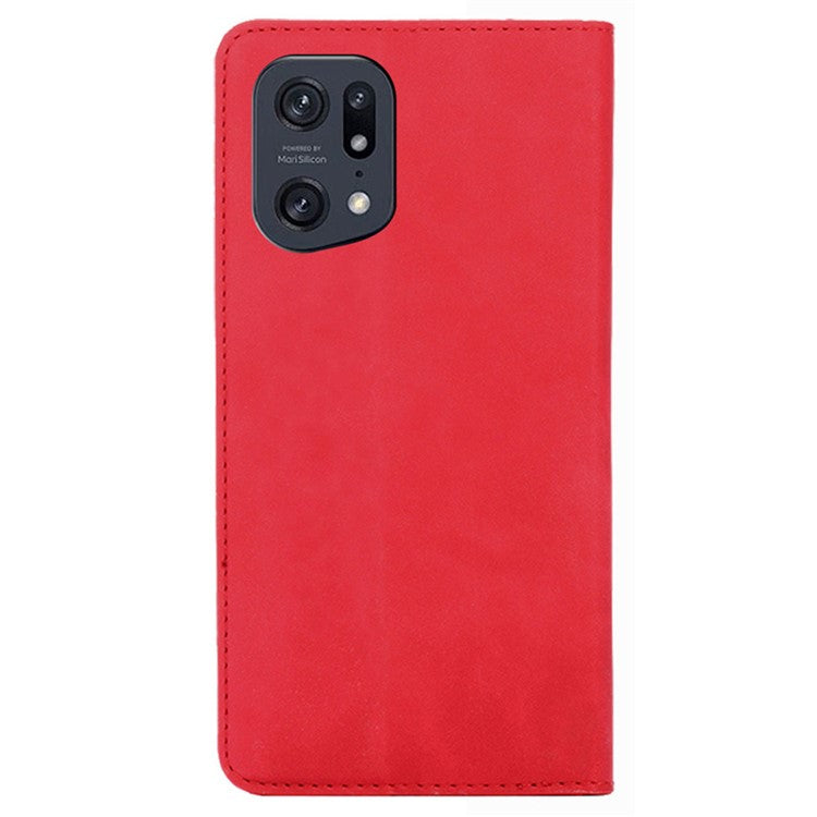 Skin-touch Leather Case for Oppo Find X5 Pro, Card Holder Stand Auto Closing Magnetic Phone Cover - Red