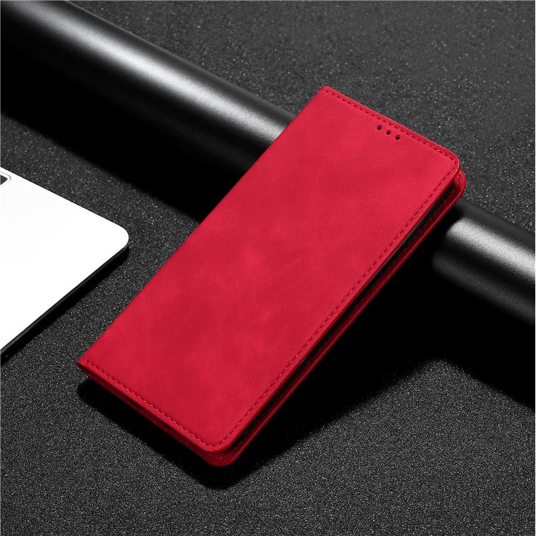 Skin-touch Leather Case for Oppo Find X5 Pro, Card Holder Stand Auto Closing Magnetic Phone Cover - Red