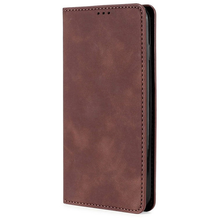 Skin-touch Leather Case for Oppo Find X5 Pro, Card Holder Stand Auto Closing Magnetic Phone Cover - Dark Brown
