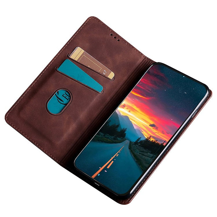 Skin-touch Leather Case for Oppo Find X5 Pro, Card Holder Stand Auto Closing Magnetic Phone Cover - Dark Brown