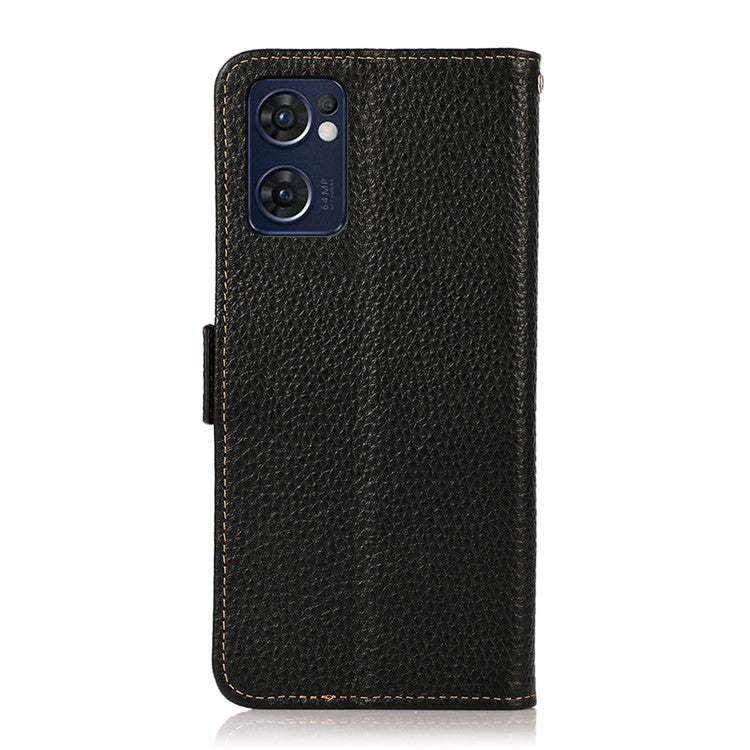 KHAZNEH for Oppo Reno7 5G (Global)/Find X5 Lite RFID Blocking Mobile Phone Case Litchi Texture Genuine Leather Cellphone Cover with Wallet Stand - Black
