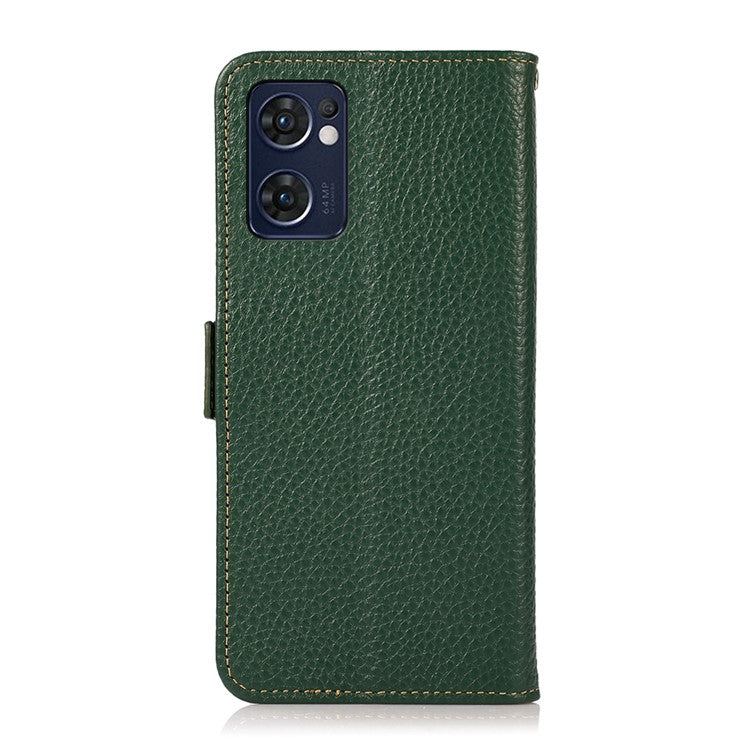 KHAZNEH for Oppo Reno7 5G (Global)/Find X5 Lite RFID Blocking Mobile Phone Case Litchi Texture Genuine Leather Cellphone Cover with Wallet Stand - Green