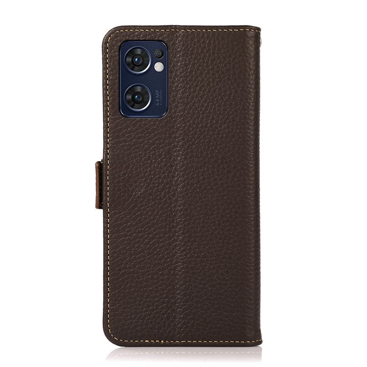 KHAZNEH for Oppo Reno7 5G (Global)/Find X5 Lite RFID Blocking Mobile Phone Case Litchi Texture Genuine Leather Cellphone Cover with Wallet Stand - Brown