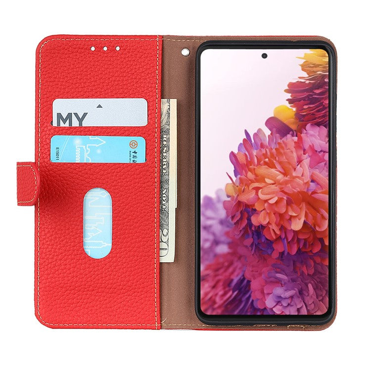 KHAZNEH for Oppo Reno7 5G (Global)/Find X5 Lite Top-Layer Litchi Texture Genuine Leather Shell Anti-Drop Wallet Stand Case Cell Phone Accessory - Red