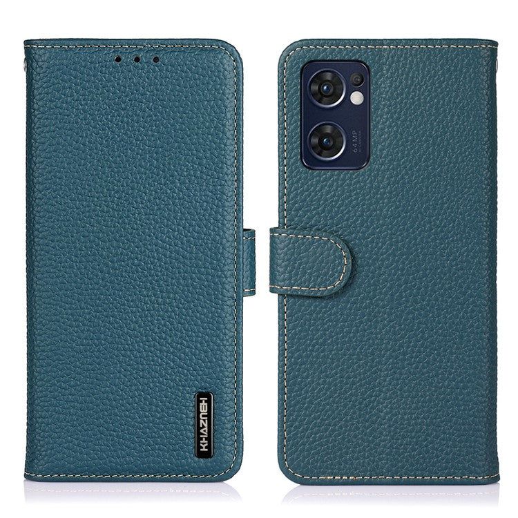 KHAZNEH for Oppo Reno7 5G (Global)/Find X5 Lite Top-Layer Litchi Texture Genuine Leather Shell Anti-Drop Wallet Stand Case Cell Phone Accessory - Green