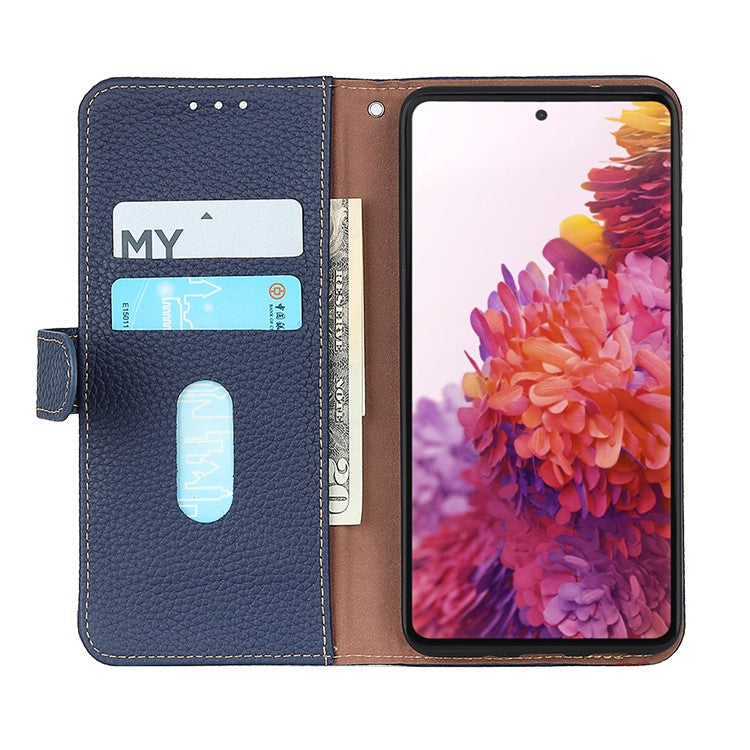 KHAZNEH for Oppo Reno7 5G (Global)/Find X5 Lite Top-Layer Litchi Texture Genuine Leather Shell Anti-Drop Wallet Stand Case Cell Phone Accessory - Blue
