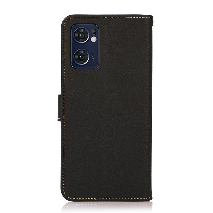 KHAZNEH for Oppo Reno7 5G (Global)/Find X5 Lite RFID Blocking Genuine Leather Shell with Wallet and Stand Cell Phone Cover Accessory - Black