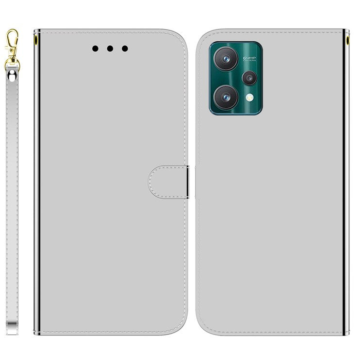 For Realme 9 Pro+ Anti-dust Phone Case Shockproof Mirror-like Surface PU Leather Phone Cover Wallet - Silver
