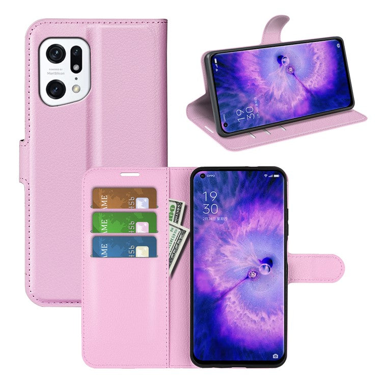 PU Leather Smartphone Cover Bag for Oppo Find X5, Wallet Anti-scratch Litchi Texture Phone Stand Function Dustproof Case - Pink