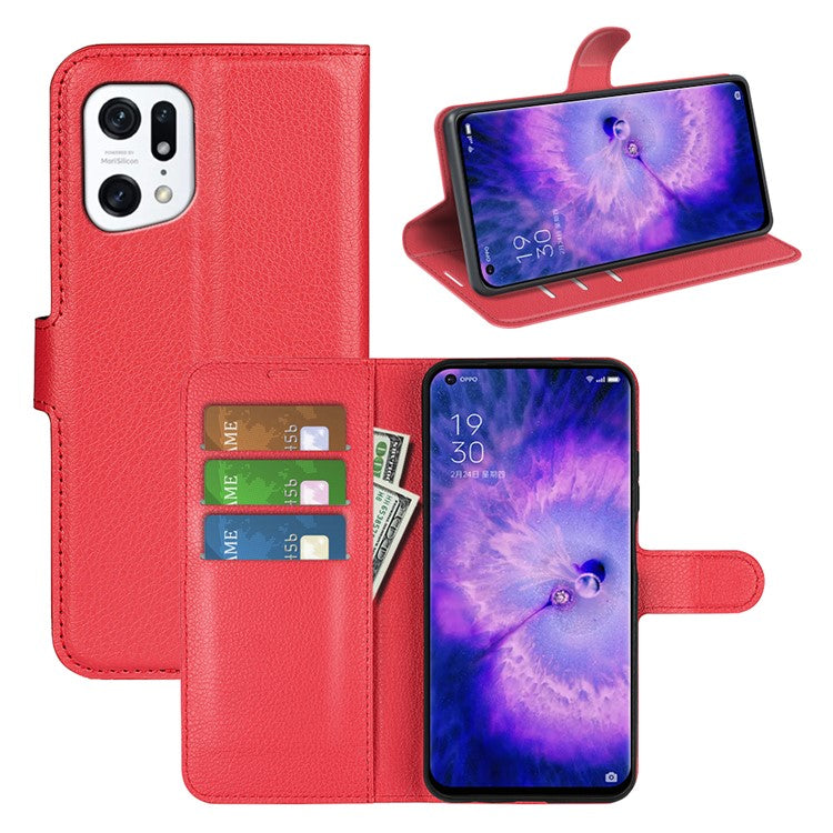 PU Leather Smartphone Cover Bag for Oppo Find X5, Wallet Anti-scratch Litchi Texture Phone Stand Function Dustproof Case - Red