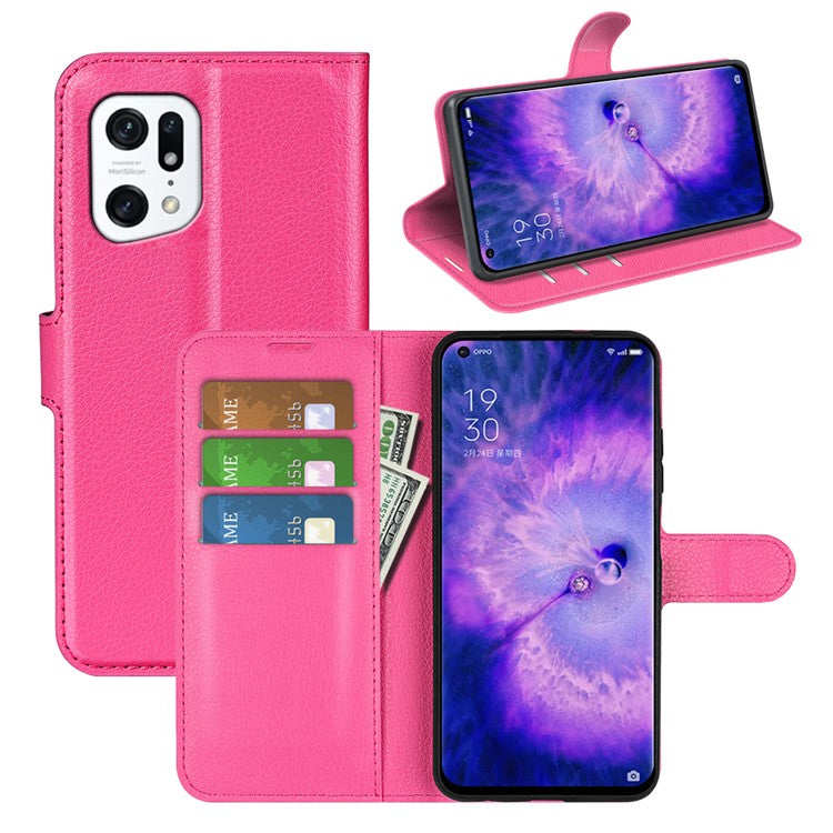 PU Leather Smartphone Cover Bag for Oppo Find X5, Wallet Anti-scratch Litchi Texture Phone Stand Function Dustproof Case - Rose
