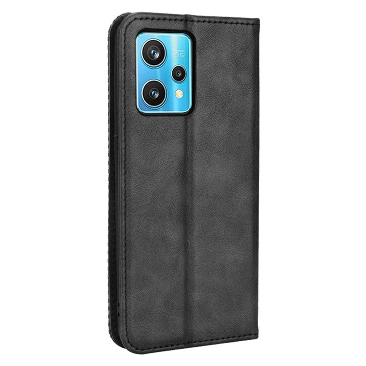 For Realme 9 Pro 5G / V25 5G / 9 5G (Global Version) / 9 5G (EU Version) PU Leather Wallet Vintage Shockproof Mosaic Imprinted Magnetic Auto-absorbed Anti-scratch Case Shell - Black