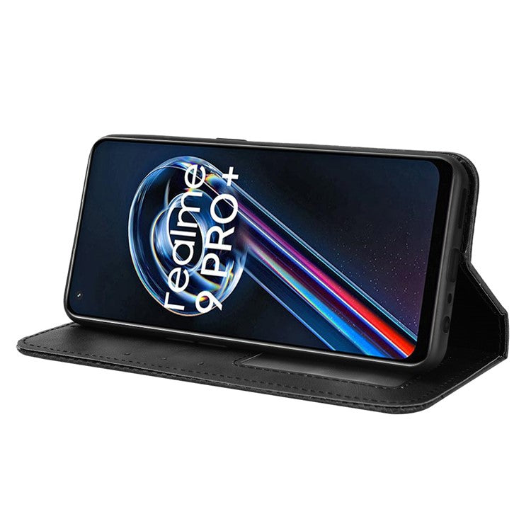 For Realme 9 Pro 5G / V25 5G / 9 5G (Global Version) / 9 5G (EU Version) PU Leather Wallet Vintage Shockproof Mosaic Imprinted Magnetic Auto-absorbed Anti-scratch Case Shell - Black