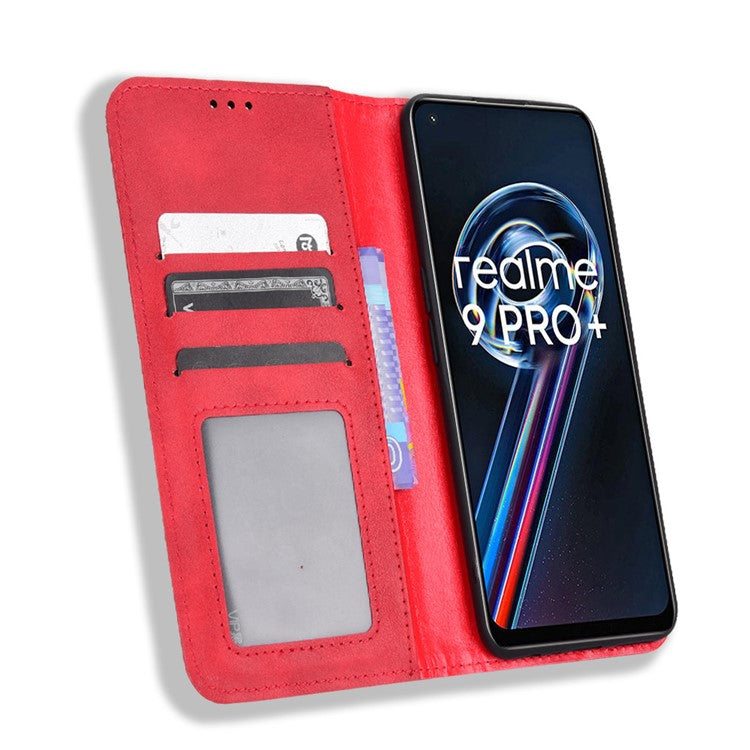 For Realme 9 Pro 5G / V25 5G / 9 5G (Global Version) / 9 5G (EU Version) PU Leather Wallet Vintage Shockproof Mosaic Imprinted Magnetic Auto-absorbed Anti-scratch Case Shell - Red
