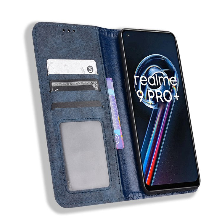 For Realme 9 Pro 5G / V25 5G / 9 5G (Global Version) / 9 5G (EU Version) PU Leather Wallet Vintage Shockproof Mosaic Imprinted Magnetic Auto-absorbed Anti-scratch Case Shell - Blue