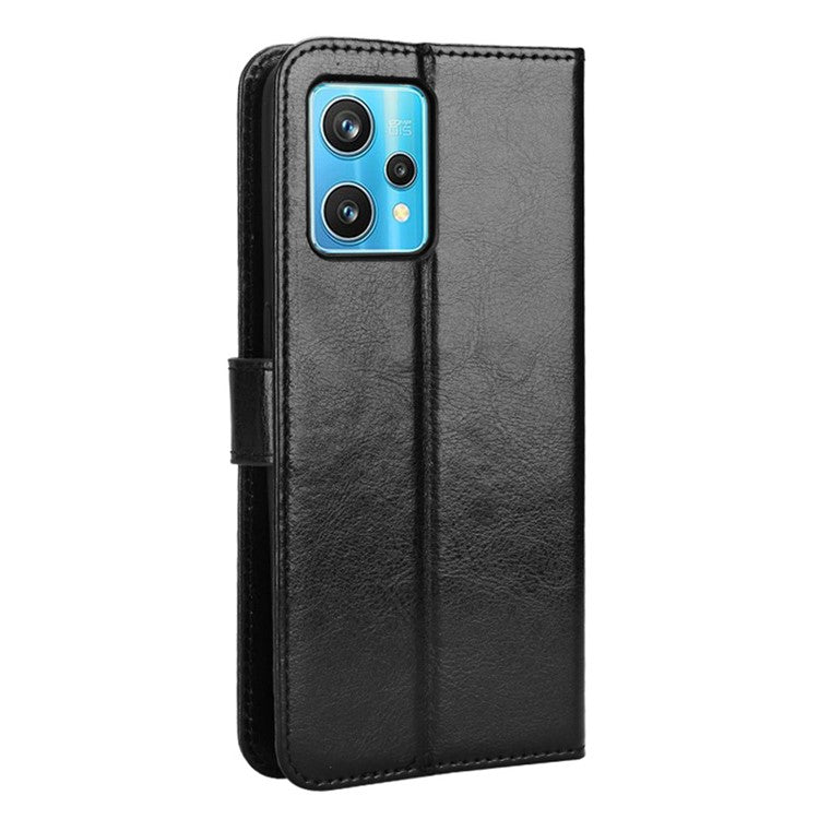 For Realme 9 Pro 5G / V25 5G / 9 5G (Global Version) / 9 5G (EU Version) Drop-proof Crazy Horse Leather Phone Case Well-protected Wallet Stand Function Shell with Strap - Black