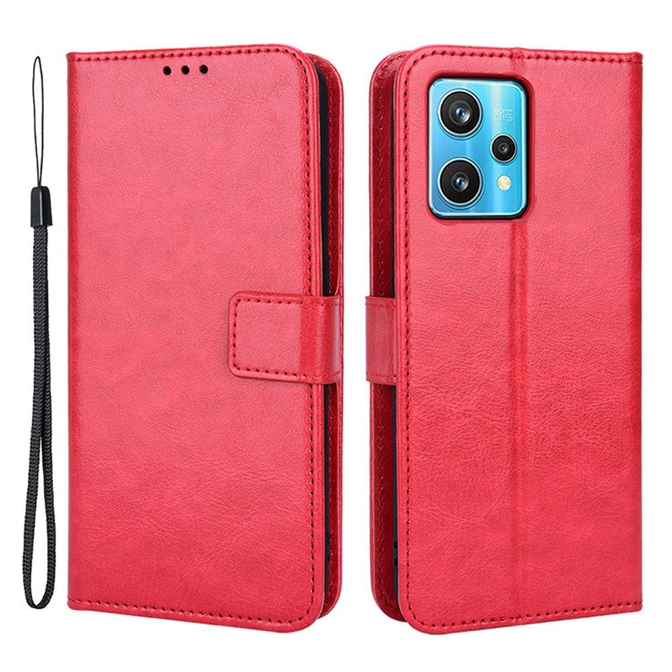 For Realme 9 Pro 5G / V25 5G / 9 5G (Global Version) / 9 5G (EU Version) Drop-proof Crazy Horse Leather Phone Case Well-protected Wallet Stand Function Shell with Strap - Red