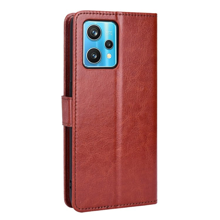 For Realme 9 Pro 5G / V25 5G / 9 5G (Global Version) / 9 5G (EU Version) Drop-proof Crazy Horse Leather Phone Case Well-protected Wallet Stand Function Shell with Strap - Brown