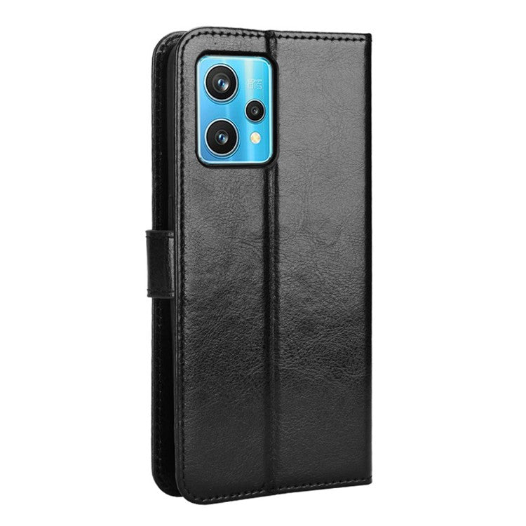 For Realme 9 Pro+ Scratch-resistant Crazy Horse Leather Phone Case Folio Flip Wallet Stand Shell with Strap - Black