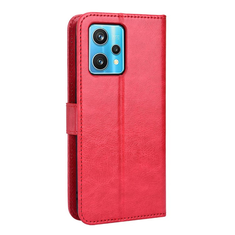 For Realme 9 Pro+ Scratch-resistant Crazy Horse Leather Phone Case Folio Flip Wallet Stand Shell with Strap - Red