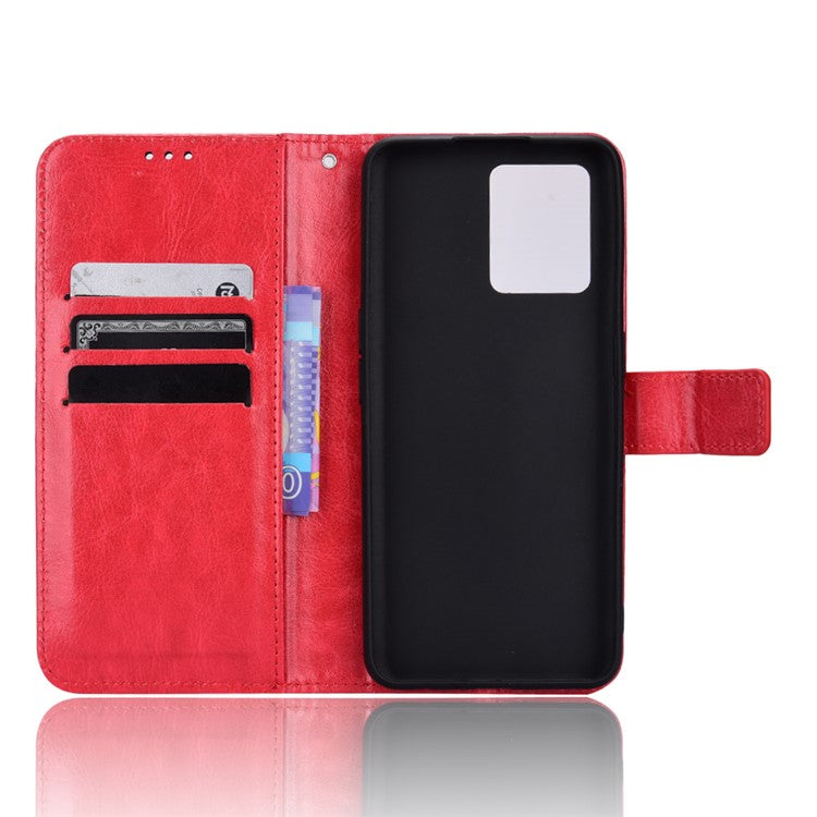 For Realme 9 Pro+ Scratch-resistant Crazy Horse Leather Phone Case Folio Flip Wallet Stand Shell with Strap - Red