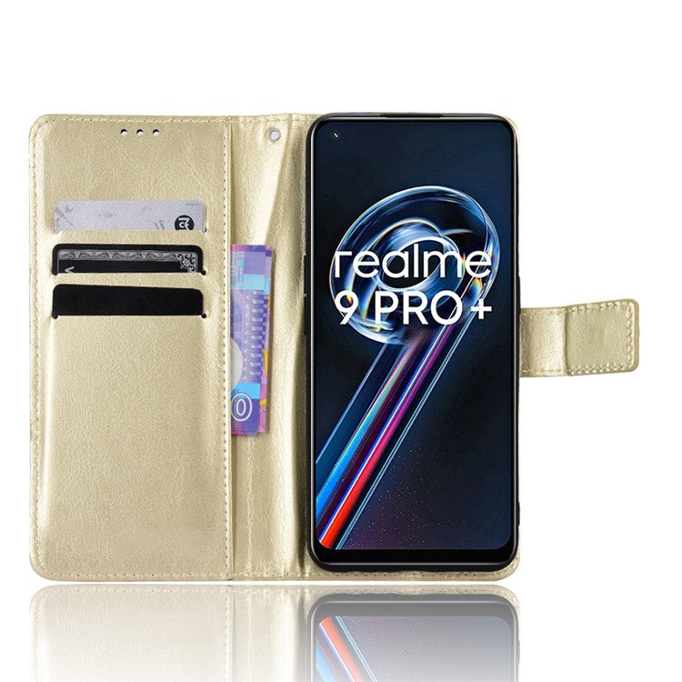 For Realme 9 Pro+ Scratch-resistant Crazy Horse Leather Phone Case Folio Flip Wallet Stand Shell with Strap - Gold