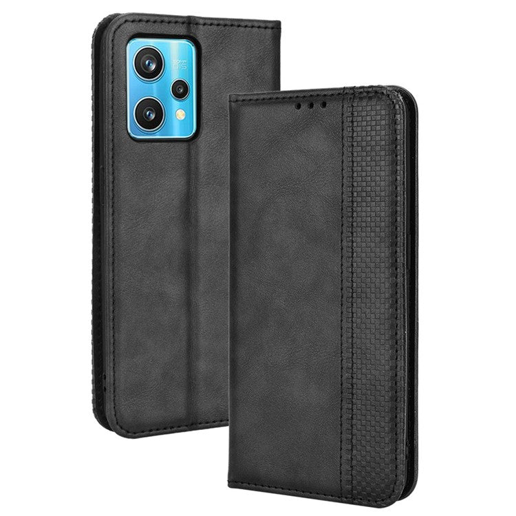 For Realme 9 Pro+ PU Leather Magnetic Auto-absorbed Vintage Mosaic Imprinted Stand Case with Wallet - Black