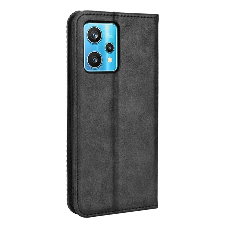For Realme 9 Pro+ PU Leather Magnetic Auto-absorbed Vintage Mosaic Imprinted Stand Case with Wallet - Black