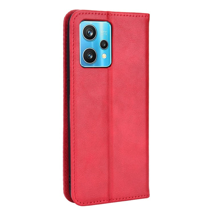 For Realme 9 Pro+ PU Leather Magnetic Auto-absorbed Vintage Mosaic Imprinted Stand Case with Wallet - Red
