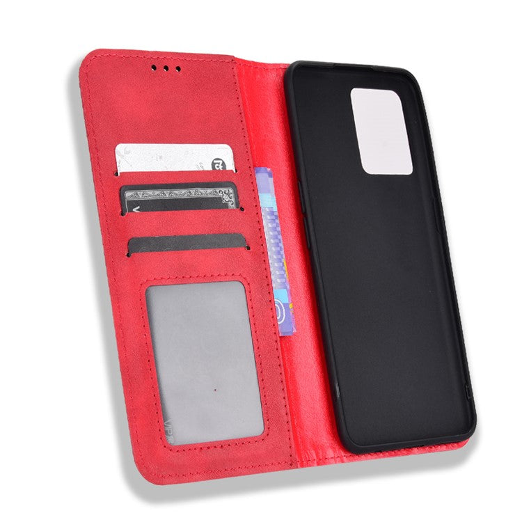 For Realme 9 Pro+ PU Leather Magnetic Auto-absorbed Vintage Mosaic Imprinted Stand Case with Wallet - Red