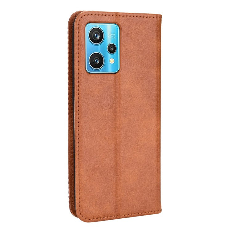 For Realme 9 Pro+ PU Leather Magnetic Auto-absorbed Vintage Mosaic Imprinted Stand Case with Wallet - Brown