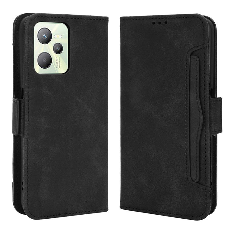 For Realme C35 Wallet Stand Anti-scratch PU Leather Protective Case Multiple Card Slots Magnetic Closing Phone Shell - Black