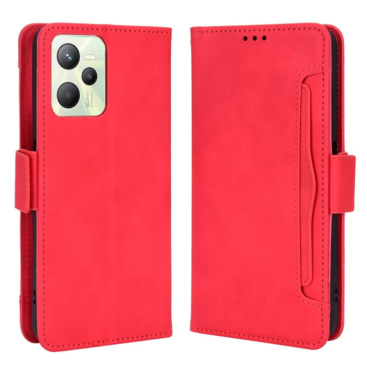 For Realme C35 Wallet Stand Anti-scratch PU Leather Protective Case Multiple Card Slots Magnetic Closing Phone Shell - Red