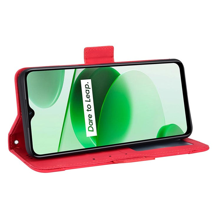 For Realme C35 Wallet Stand Anti-scratch PU Leather Protective Case Multiple Card Slots Magnetic Closing Phone Shell - Red