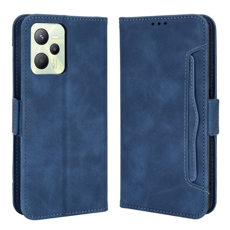 For Realme C35 Wallet Stand Anti-scratch PU Leather Protective Case Multiple Card Slots Magnetic Closing Phone Shell - Blue
