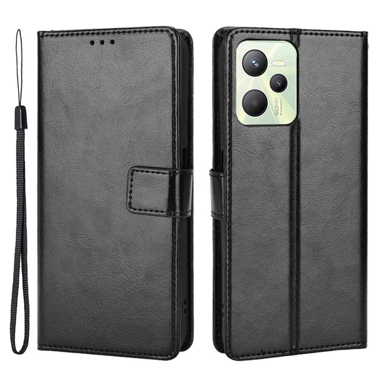 For Realme C35 Crazy Horse Texture Well-protected PU Leather Mobile Phone Stand Case Wallet Cover - Black