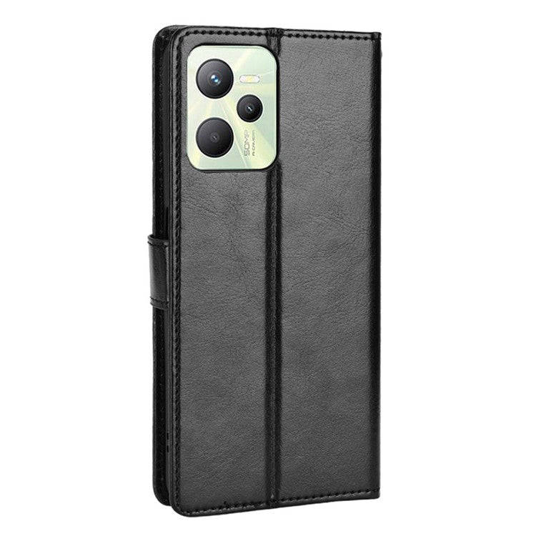 For Realme C35 Crazy Horse Texture Well-protected PU Leather Mobile Phone Stand Case Wallet Cover - Black