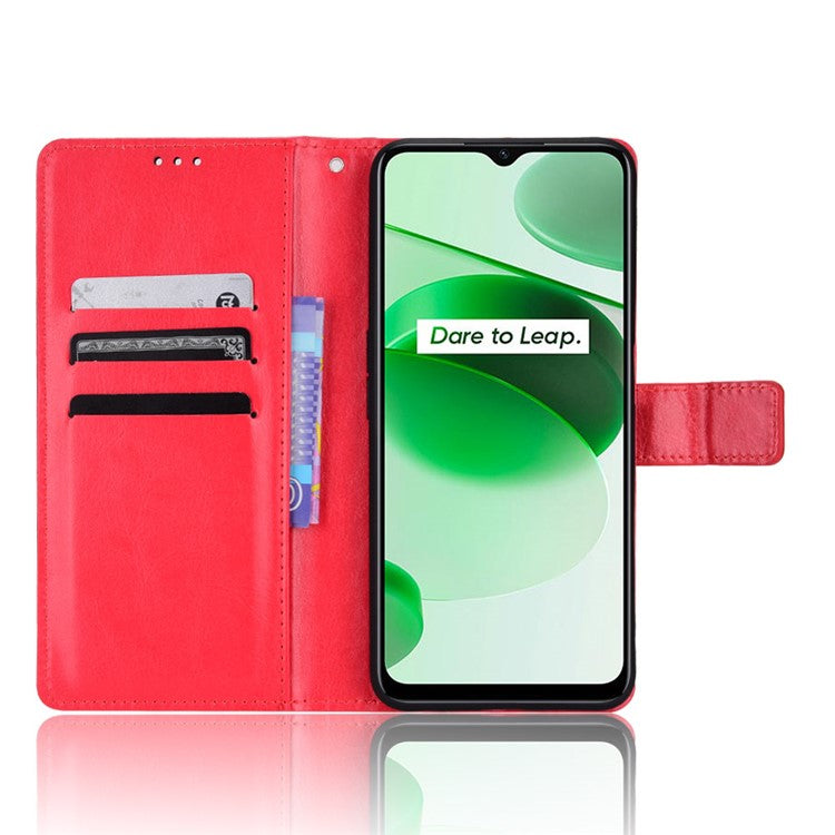 For Realme C35 Crazy Horse Texture Well-protected PU Leather Mobile Phone Stand Case Wallet Cover - Red