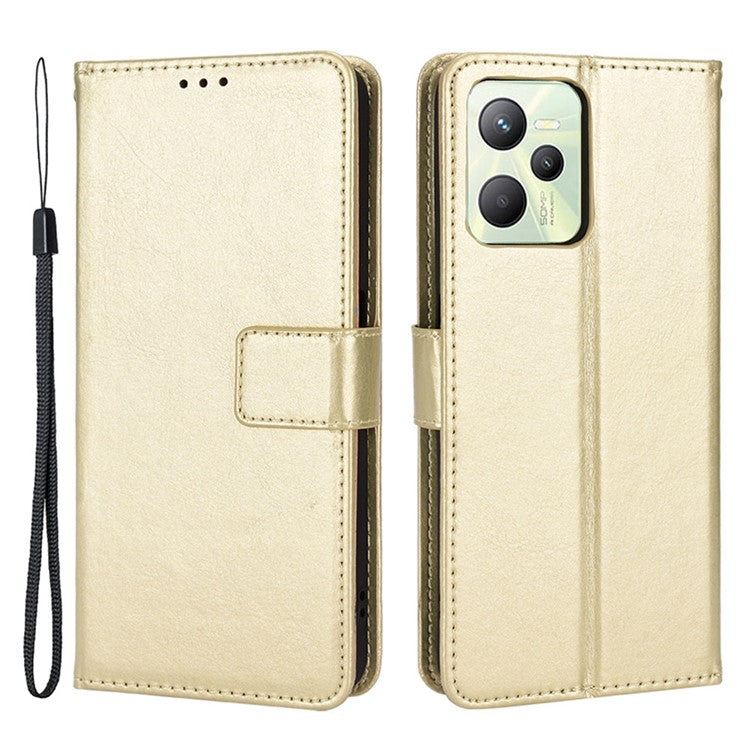 For Realme C35 Crazy Horse Texture Well-protected PU Leather Mobile Phone Stand Case Wallet Cover - Gold