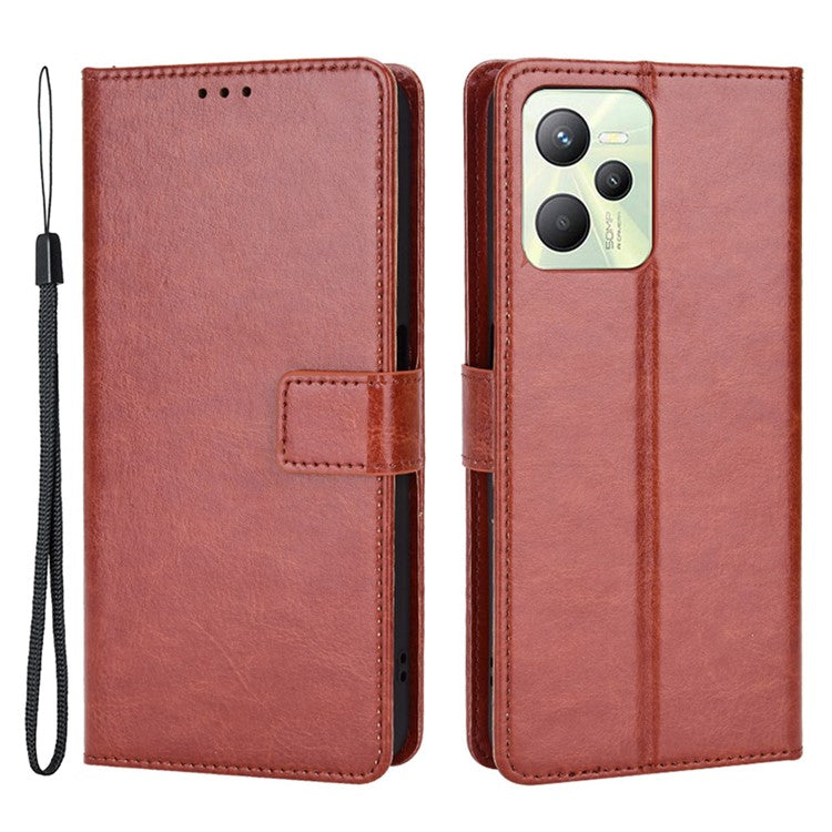 For Realme C35 Crazy Horse Texture Well-protected PU Leather Mobile Phone Stand Case Wallet Cover - Brown