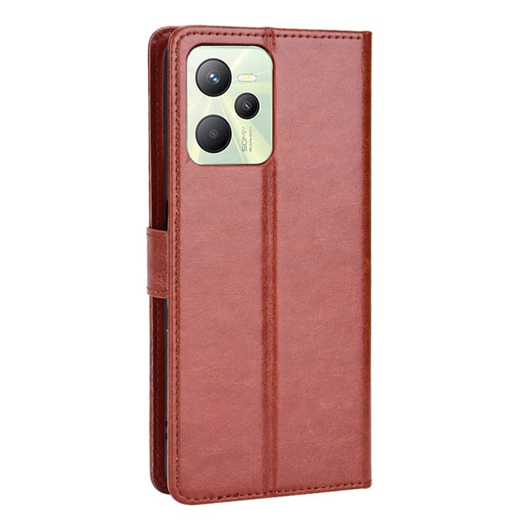 For Realme C35 Crazy Horse Texture Well-protected PU Leather Mobile Phone Stand Case Wallet Cover - Brown